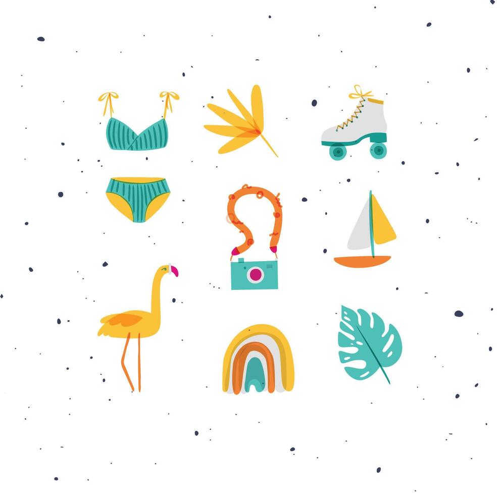 Summer elements swimsuit, leaf, flower, rollers, camera, boat, flamingo, rainbow, tropical leaf drawing in color vector