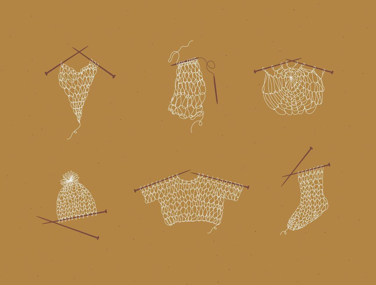 Knitting collection with needles, sweater, sock, hat, napkin, yarn, wool, cap drawing in line art style on mustard color background. vector