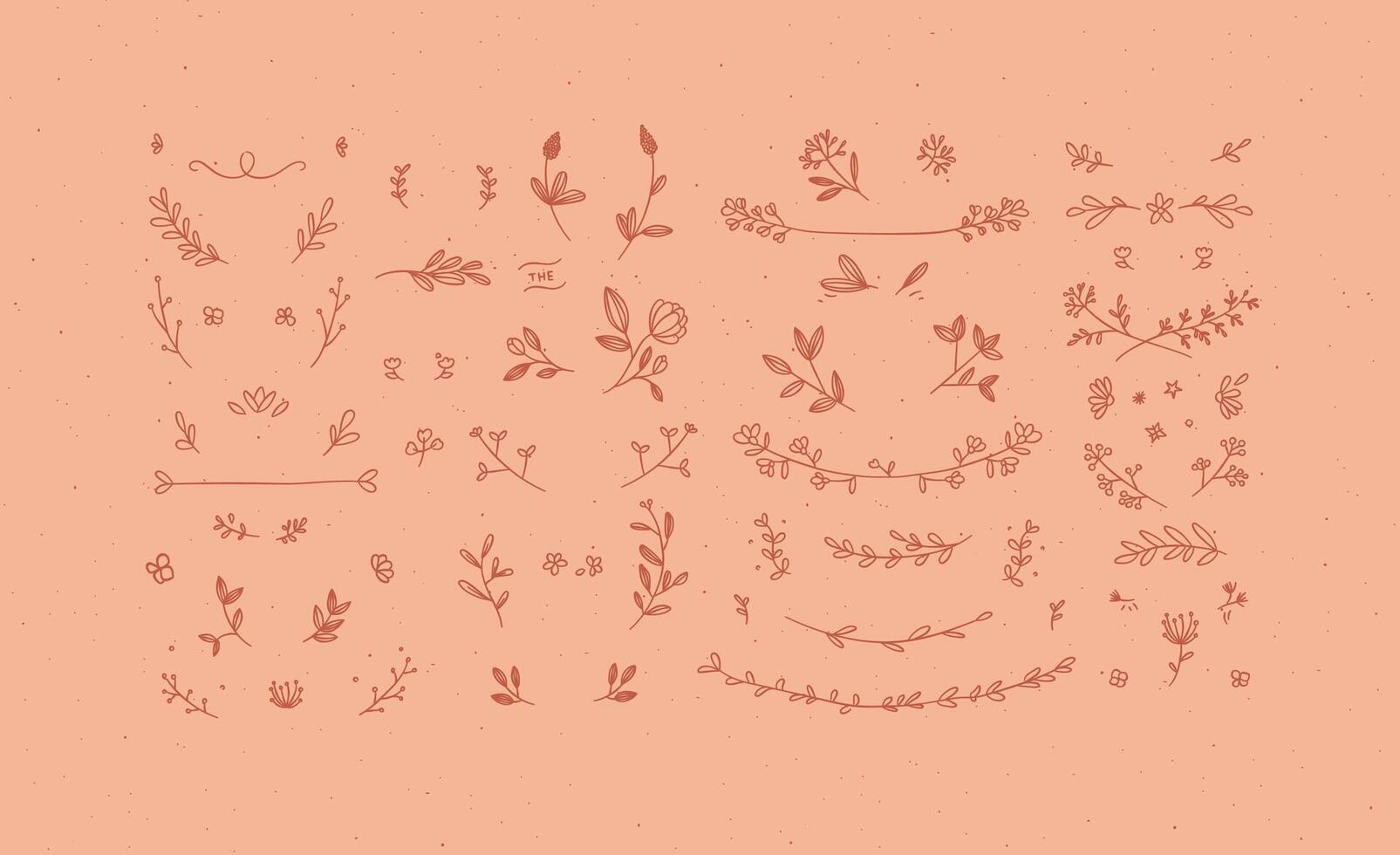 Elements flowers and branches to create label or sign in hand drawing style. Coral color background. vector