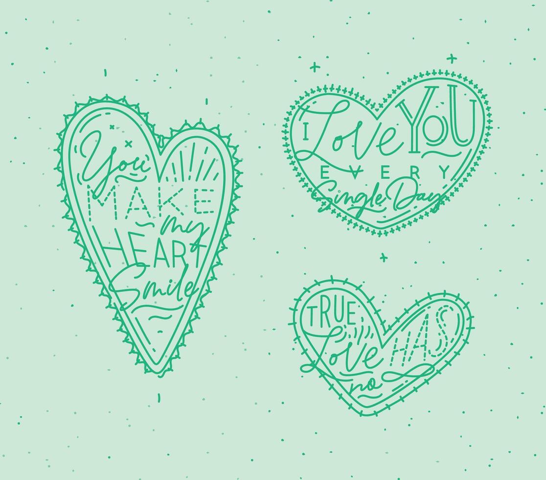 Set of valentines day flat hearts with greeting lettering drawing on green background. vector