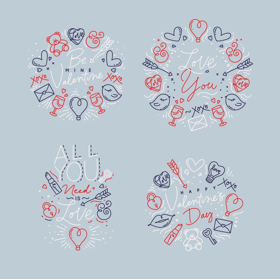 Set of valentines day flat monogram with greeting lettering drawing on gray background. vector