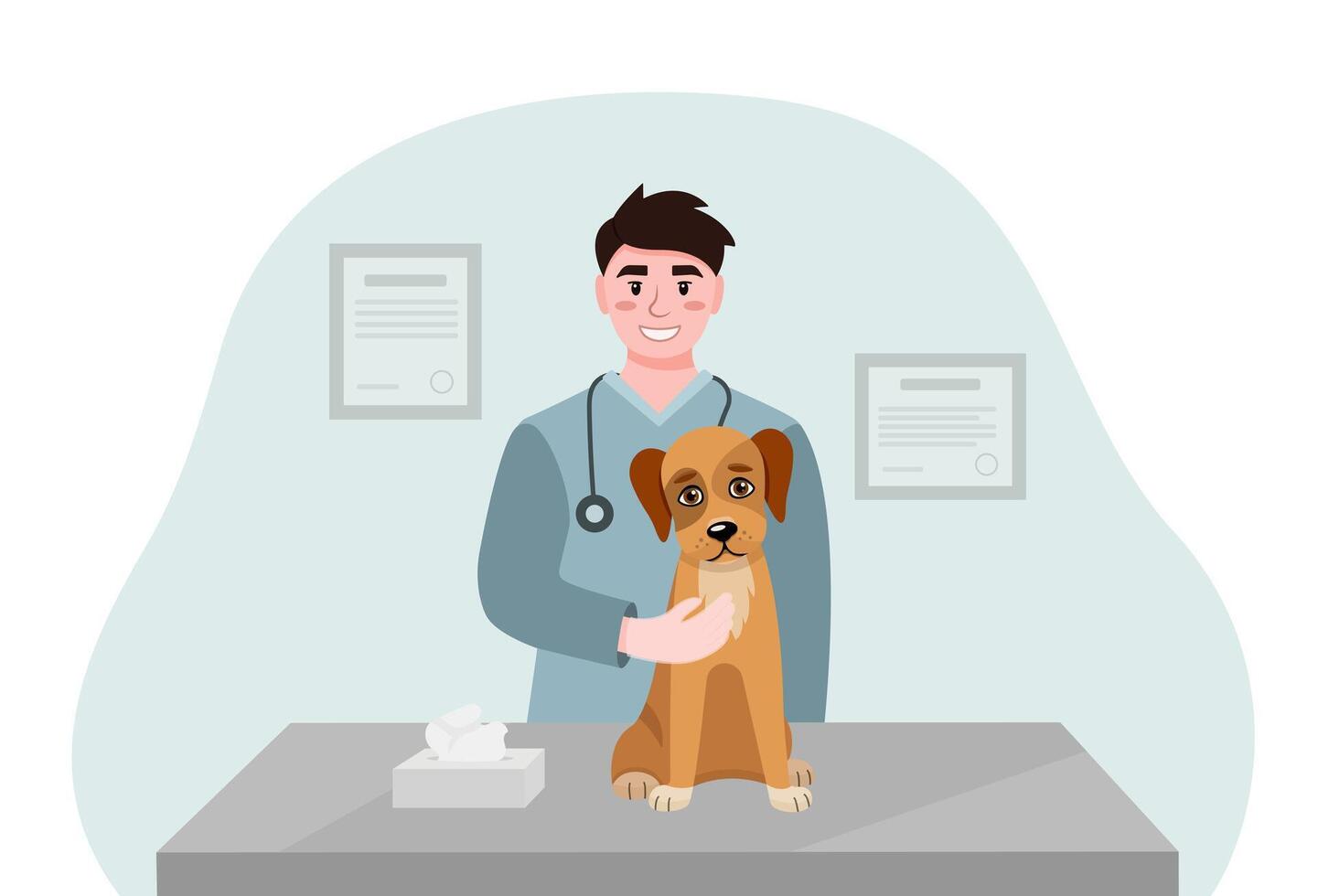 illustration of a veterinary examination of a dog on a veterinary clinic table. Friendly doctors examining a dog. Veterinarians at the animal clinic. Animal care concept. vector