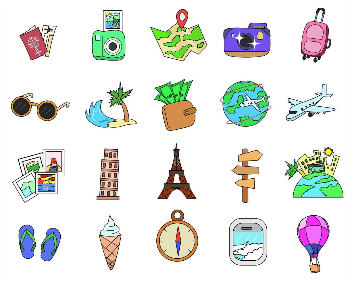 set of elements related to traveling activities, such as passport, camera, map, sunglasses, beach, globe, airplane, Leaning Tower of Pisa, Eiffel Tower, airplane window, and hot air balloon. vector