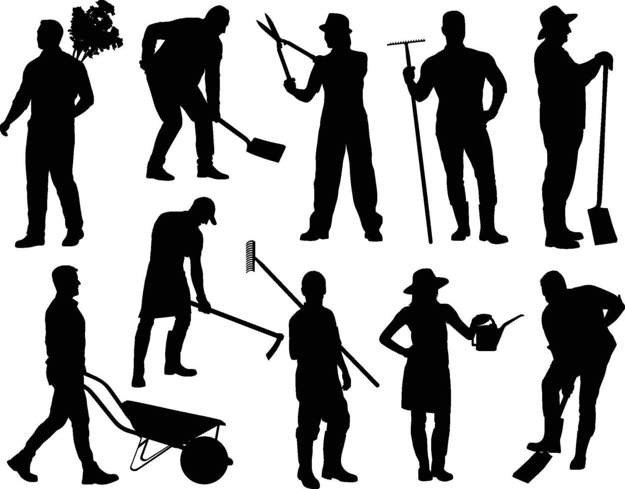 Gardening work silhouettes vector