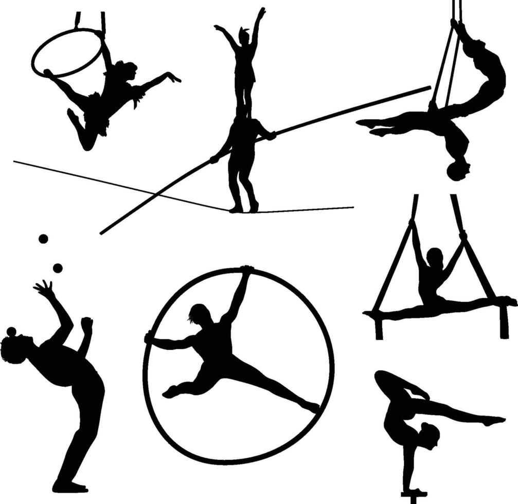 Circus silhouette, Performers, Acrobat, Juggler, Clown, Ring Leader vector