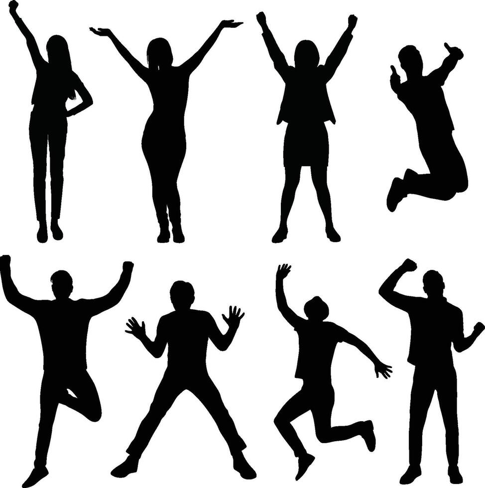 Excited People Silhouettes, people celebrating win, goal achievement vector