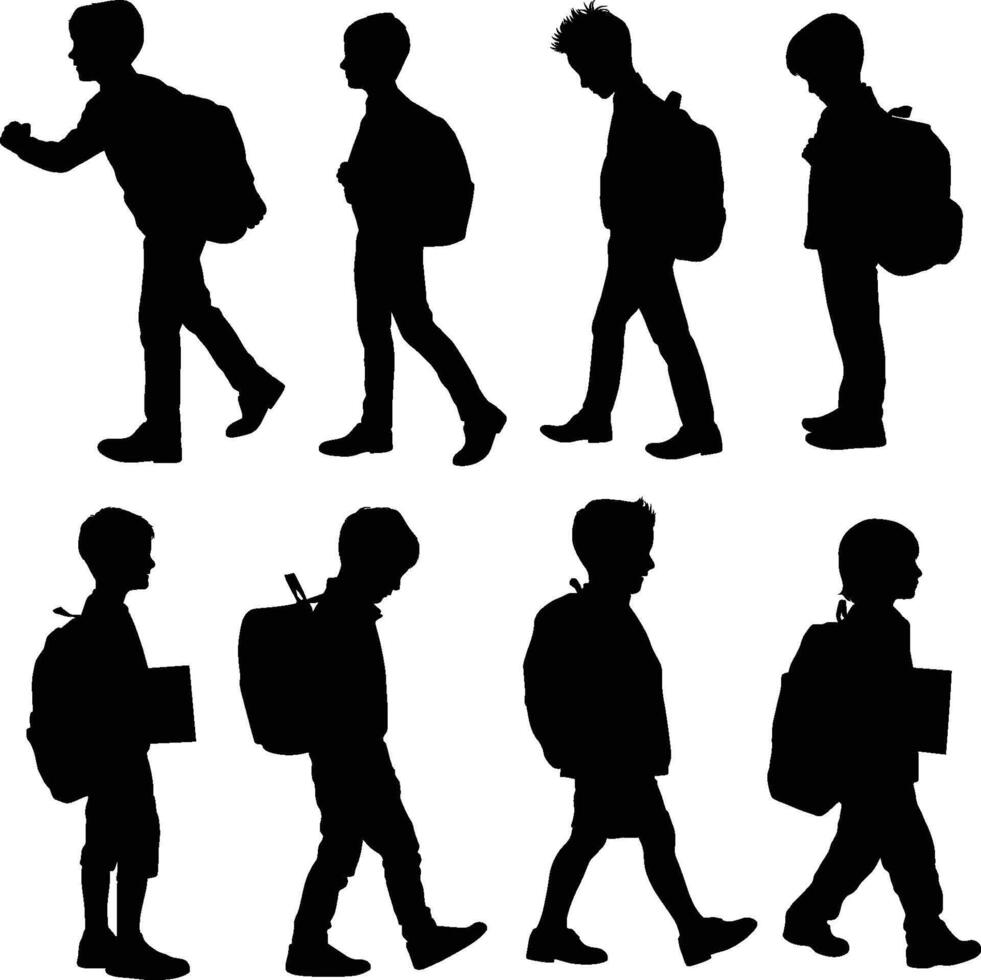 Boy goes with his backpack to school silhouette vector
