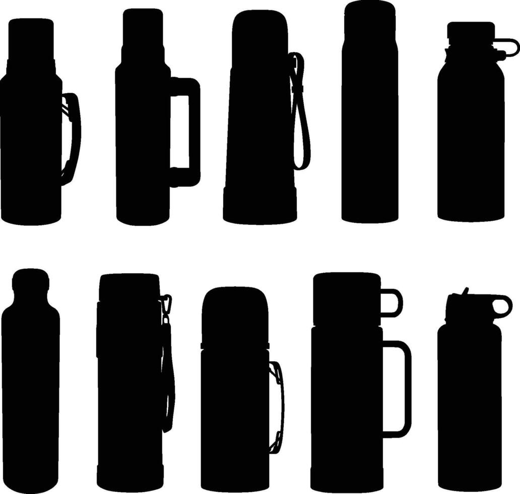 Set of thermoses bottle silhouette vector