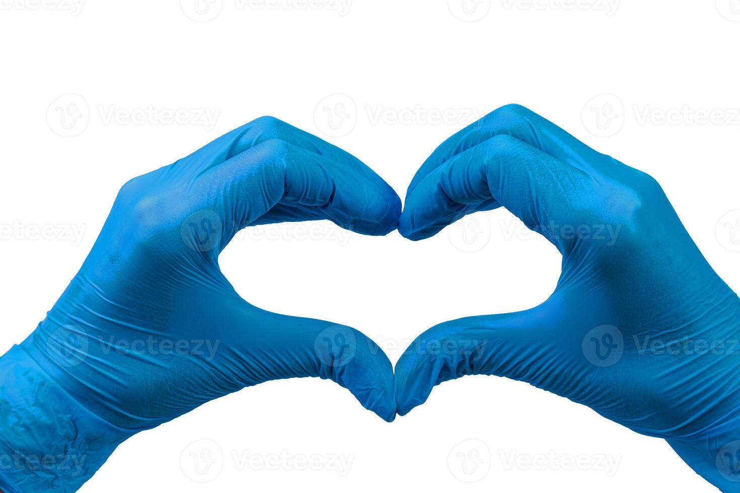 Heart, doctor's hands in blue medical gloves form the shape of a heart. White background photo