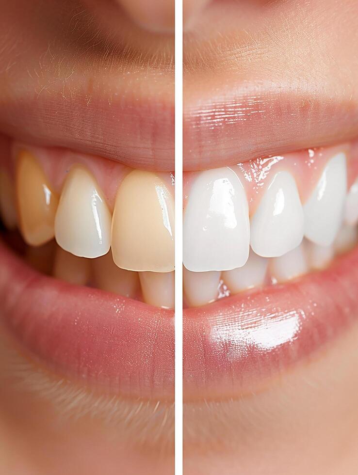 Before and After Teeth Whitening Close-Up Stained vs. White Teeth Comparison photo
