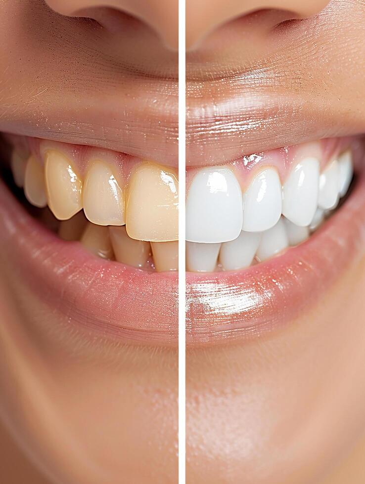 Before and After Teeth Whitening Close-Up Stained vs. White Teeth Comparison photo