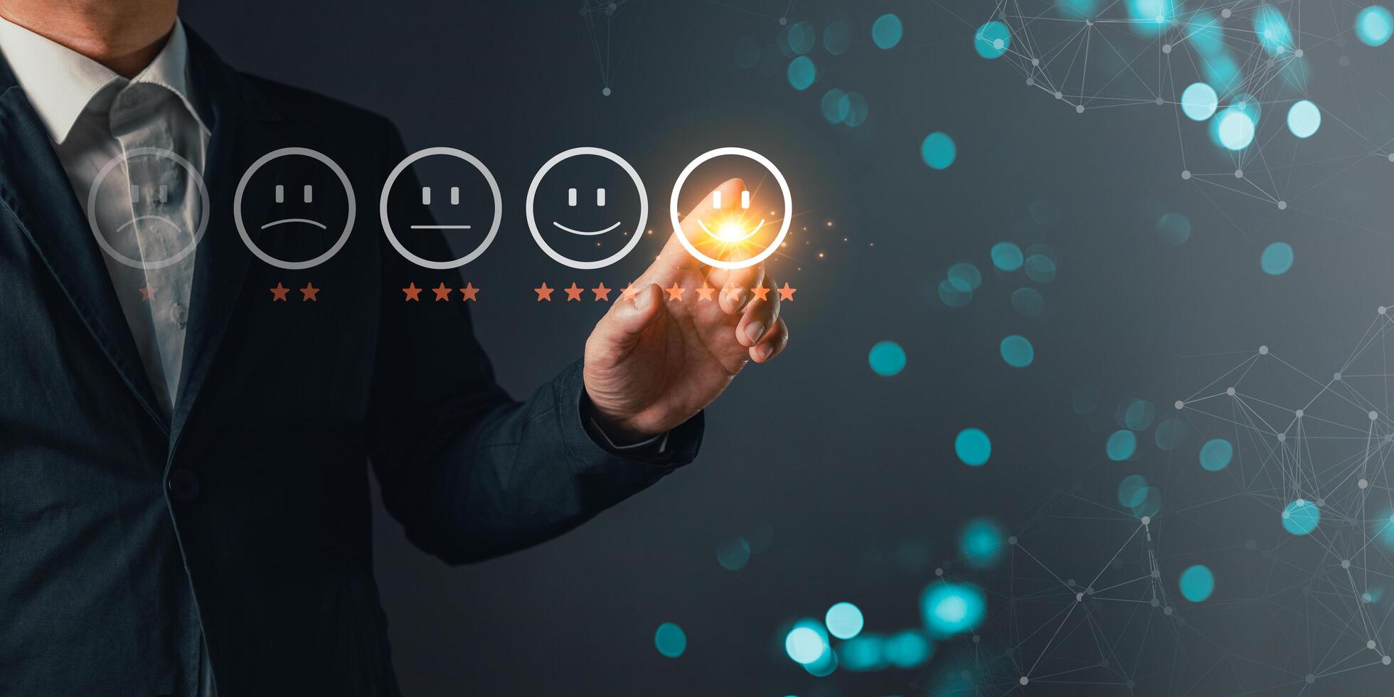 a businessman touching the virtual screen on the happy smile face icon to give satisfaction in service.rating very impressed.customer review service and Satisfaction concept photo