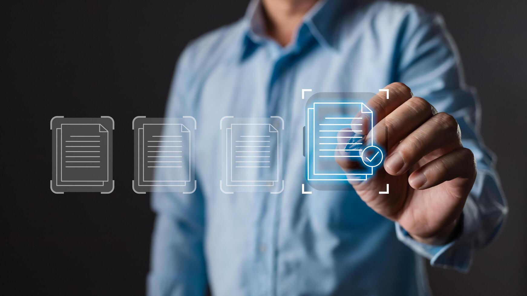 man touch screen to manage data,Document Management System DMS,knowledge and documentation in enterprise with ERP.online documentation database and process automation to efficiently manage files. photo