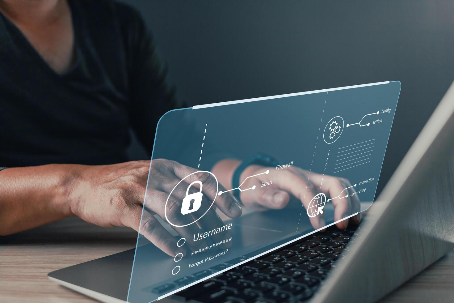 Cyber security and privacy protection network security computer and safe data concept. Businessmen protect personal data information from viruses on a laptop with virtual screen interfaces. photo