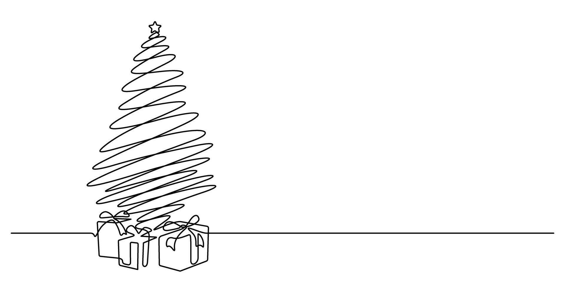christmas tree decoration with gift boxes one line drawing minimalism vector