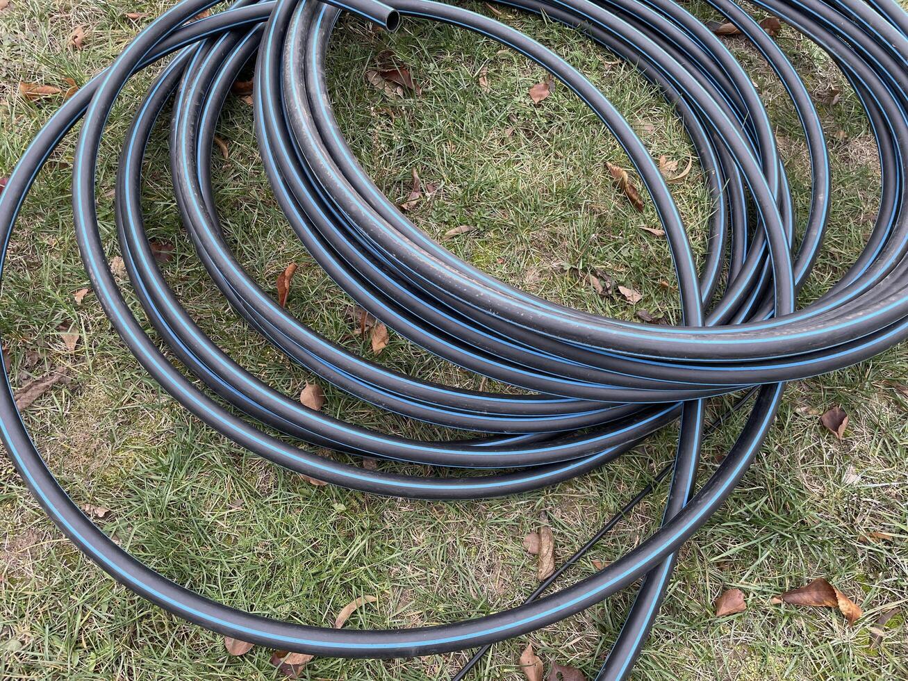 Garden hose laid out in vegetable garden rows photo