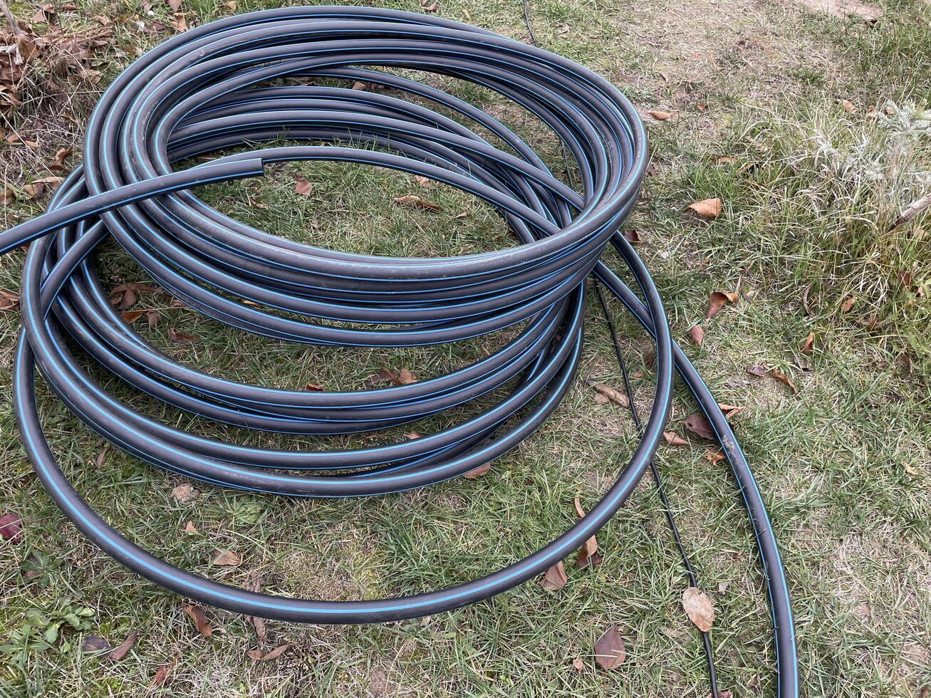 Garden hose laid out in vegetable garden rows photo