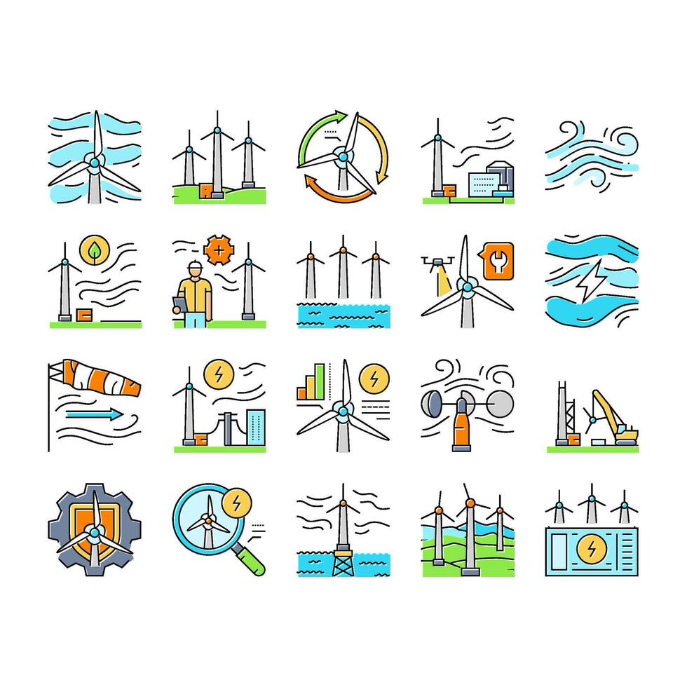 wind turbine power energy farm icons set vector