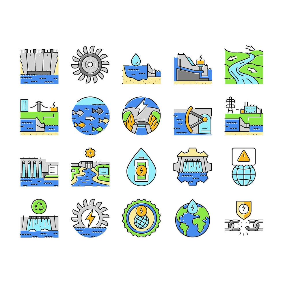 hydroelectric power plant energy icons set vector