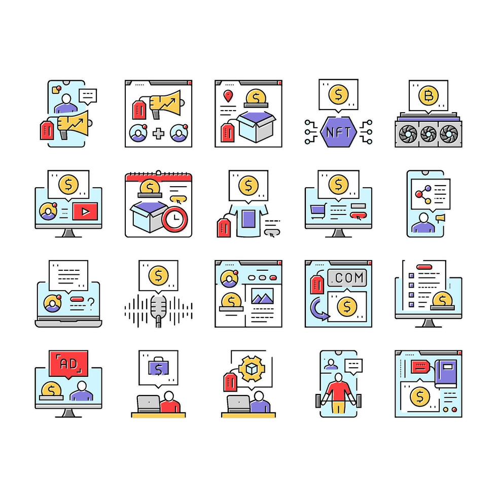 make money internet money online icons set vector