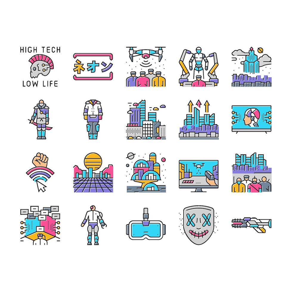 cyberpunk digital city future icons set vector