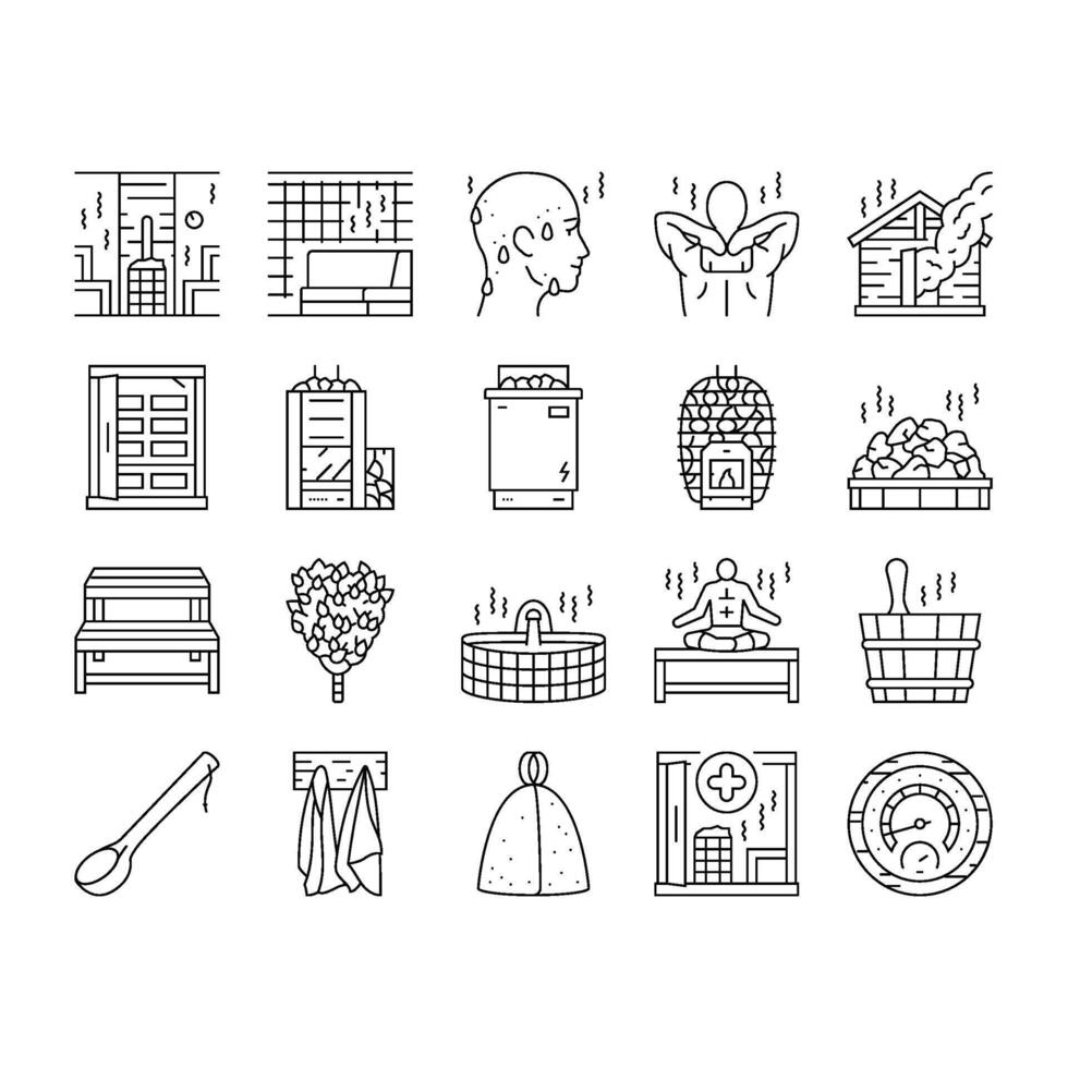 sauna bath spa relax steam room icons set vector