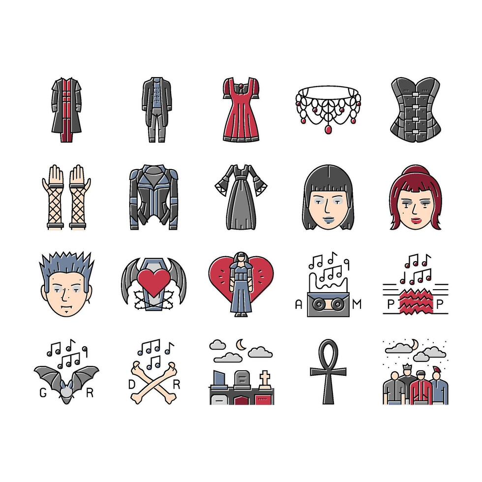 goth subculture punk gothic y2k icons set vector