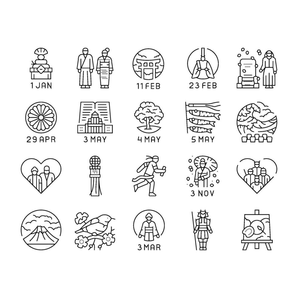 japanese holidays national asia icons set vector