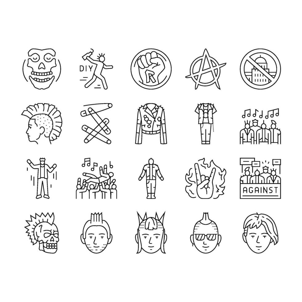punk retro element hand art icons set vector