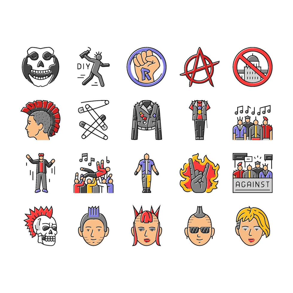 punk retro element hand art icons set vector