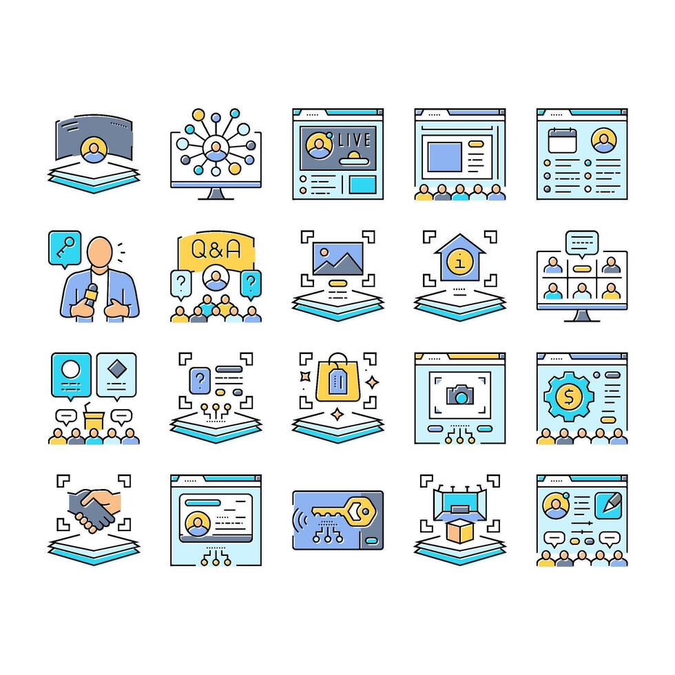virtual conference event online icons set vector