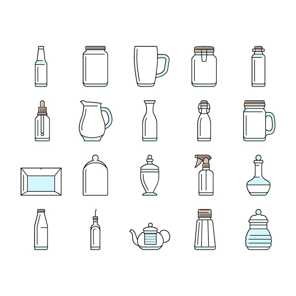 glass packaging bottle product icons set vector