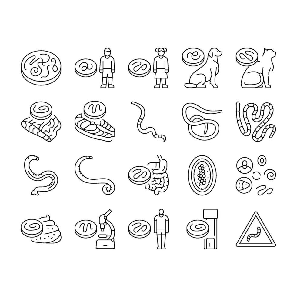 helminth worm parasite roundworm icons set vector