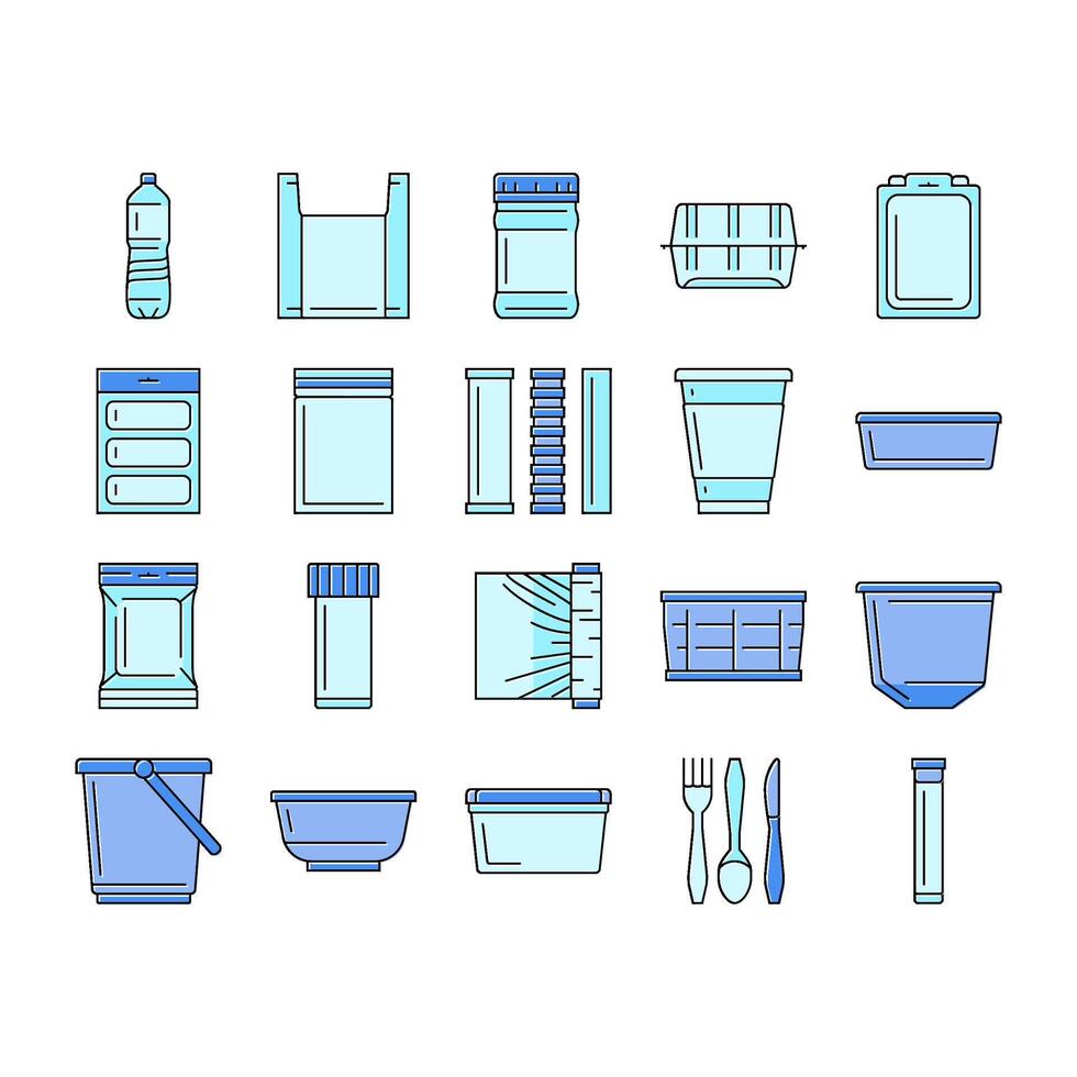 plastic packaging food container icons set vector
