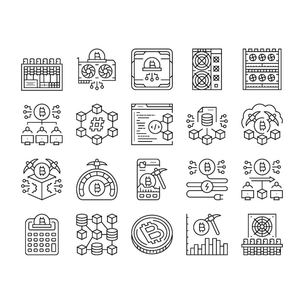 cryptocurrency mining blockchain icons set vector