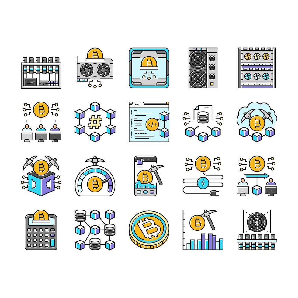cryptocurrency mining blockchain icons set vector