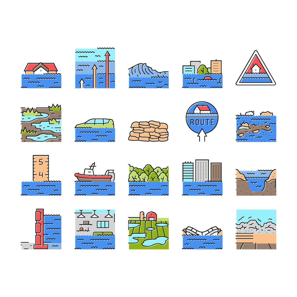 flood water disaster rain icons set vector
