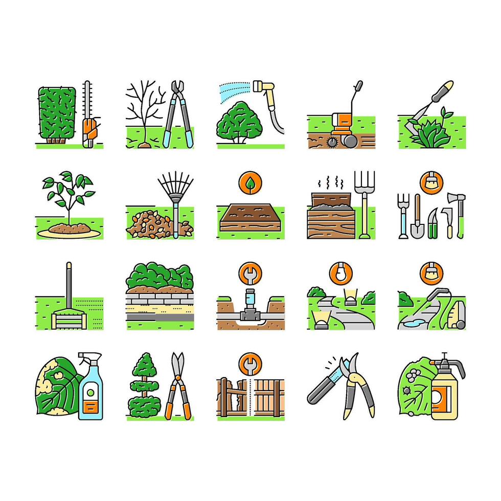 garden maintenance mulching icons set vector