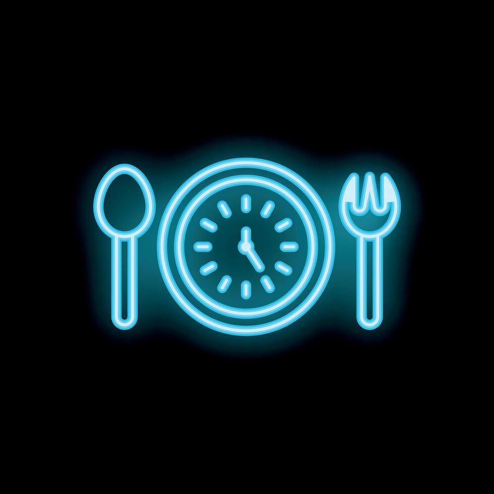 Neon style reminder clock showing lunch time with fork and spoon vector