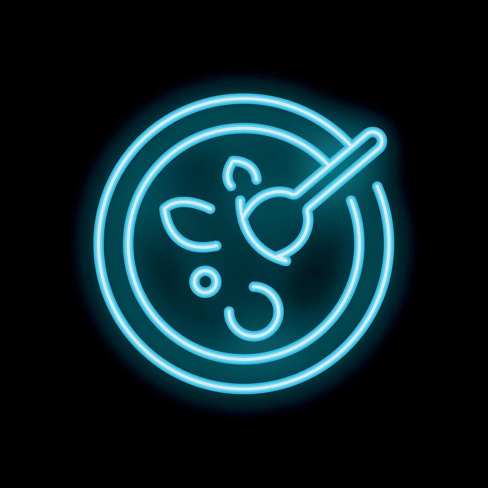 Blue neon sign of a bowl of soup with spoon on a black background vector