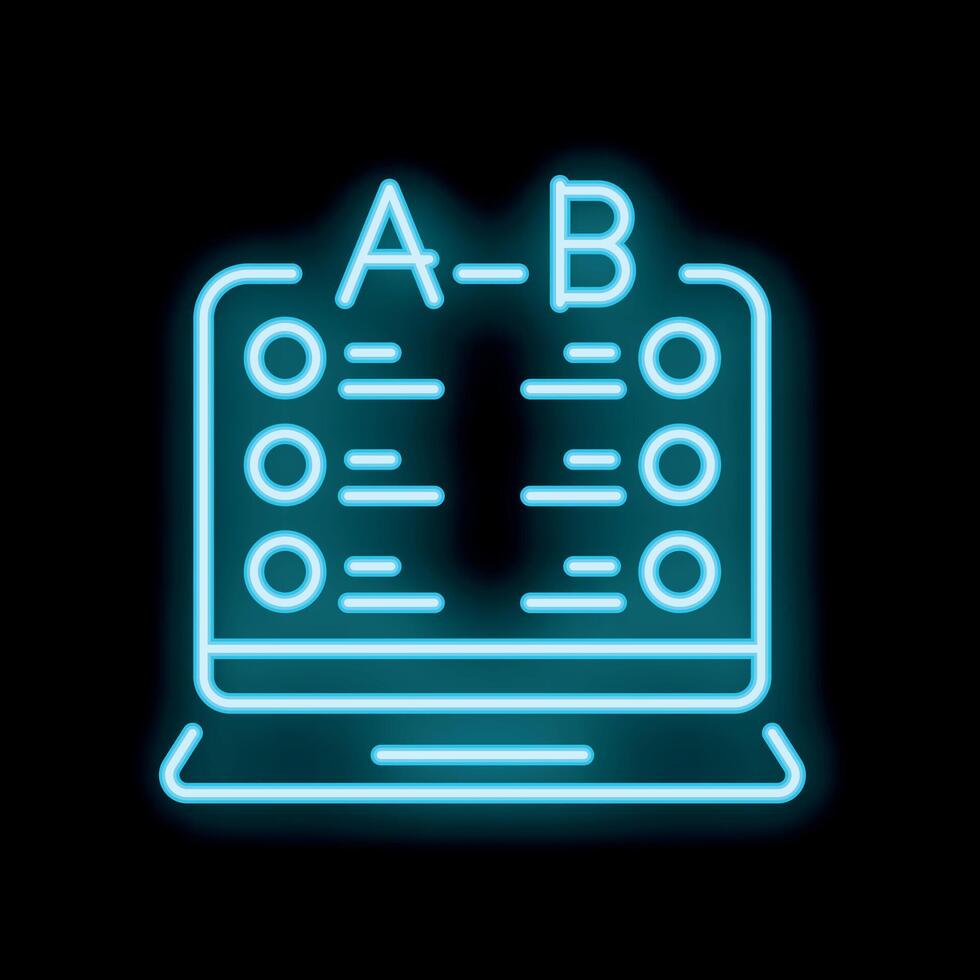 Neon blue online testing a b comparison laptop icon symbol graphic vector