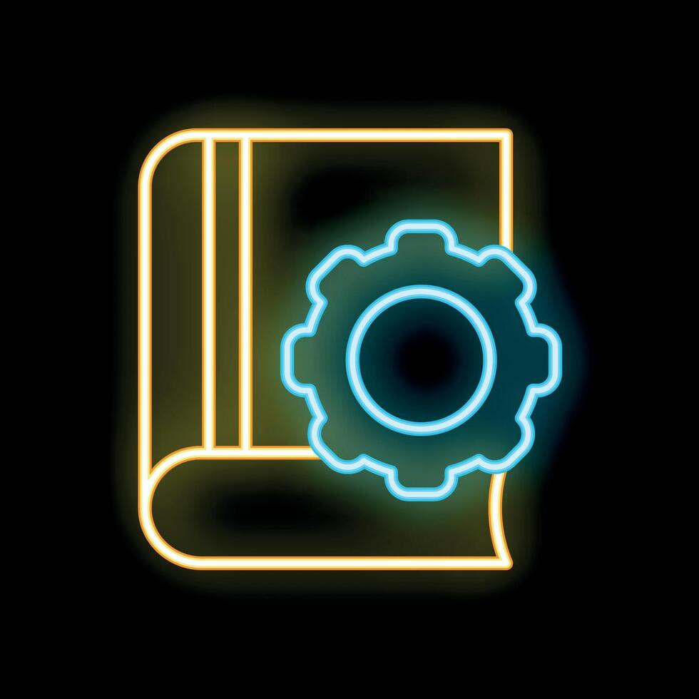 Neon blue gear over yellow book icon on black background representing knowledge management vector