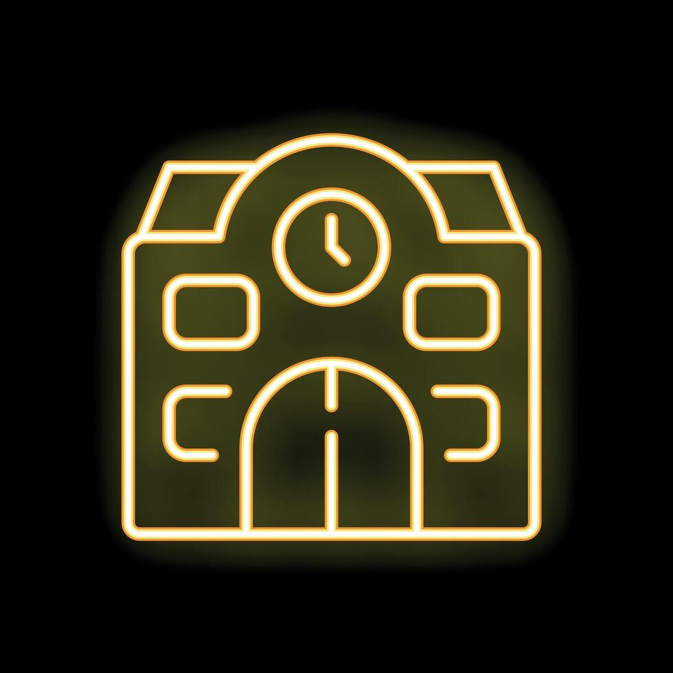 Neon yellow building clock facade icon glowing on black background vector