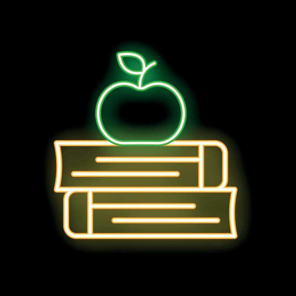 Neon icon of apple resting on stack of books symbolizing education vector