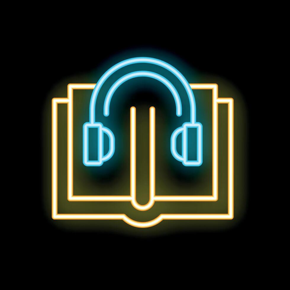 Neon icon of headphones resting on open book for audiobooks and learning vector