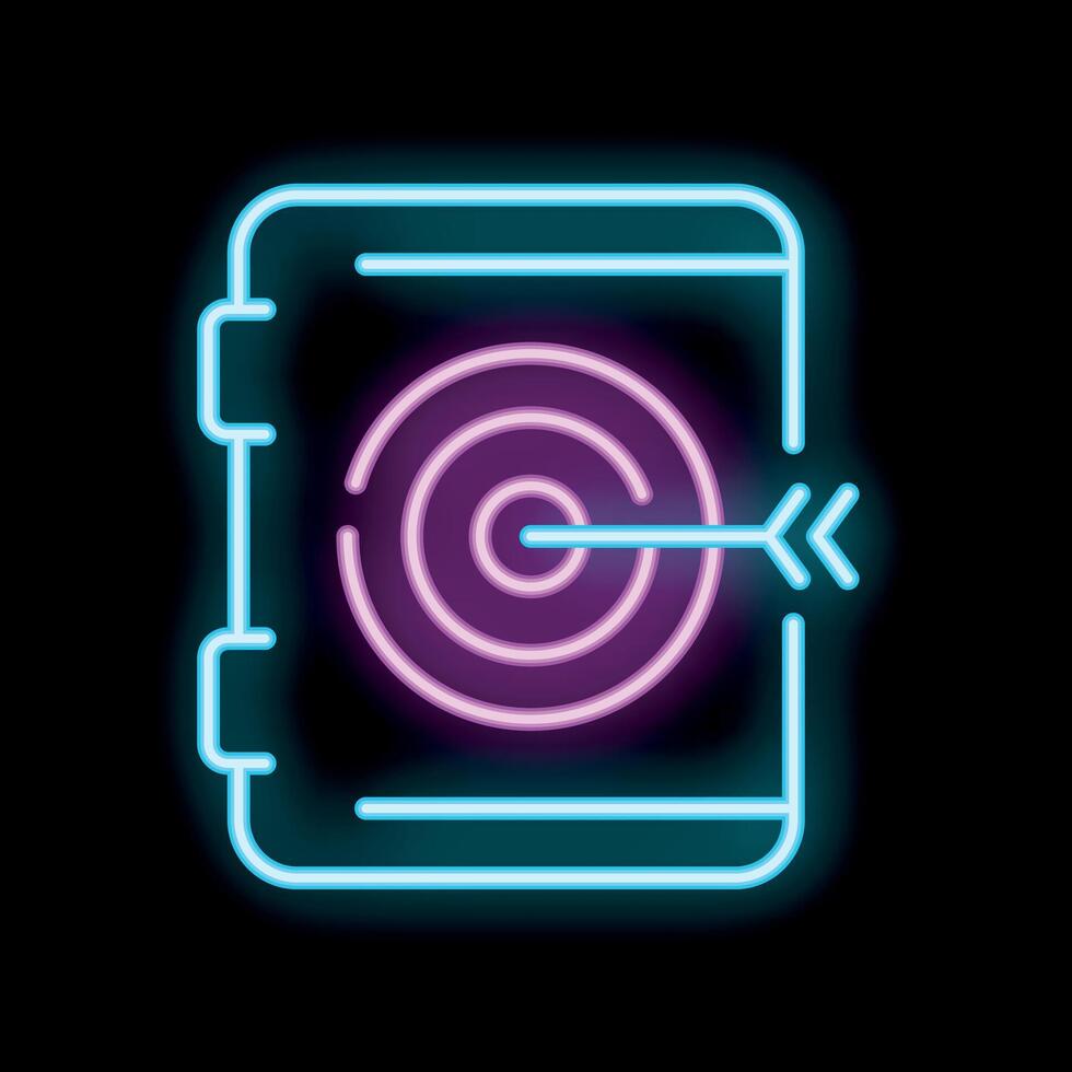 Neon icon of arrow hitting center of target on tablet screen vector