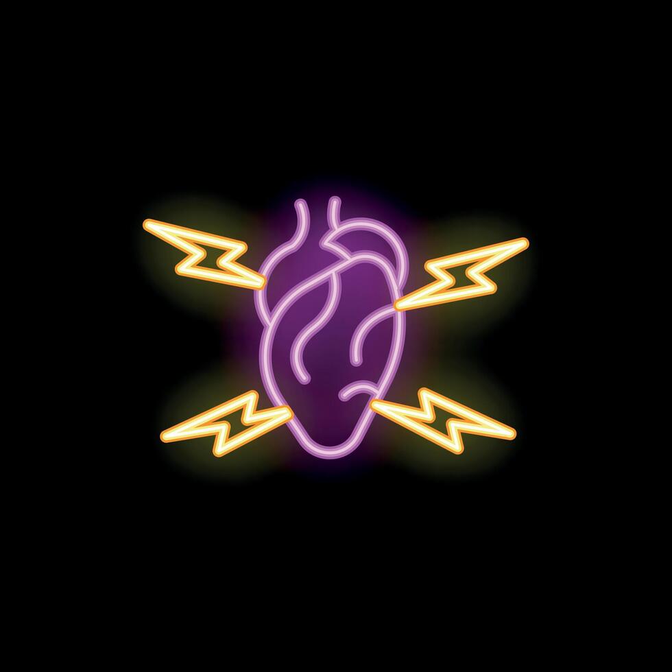 Neon heart surrounded by electric shocks and lightning vector