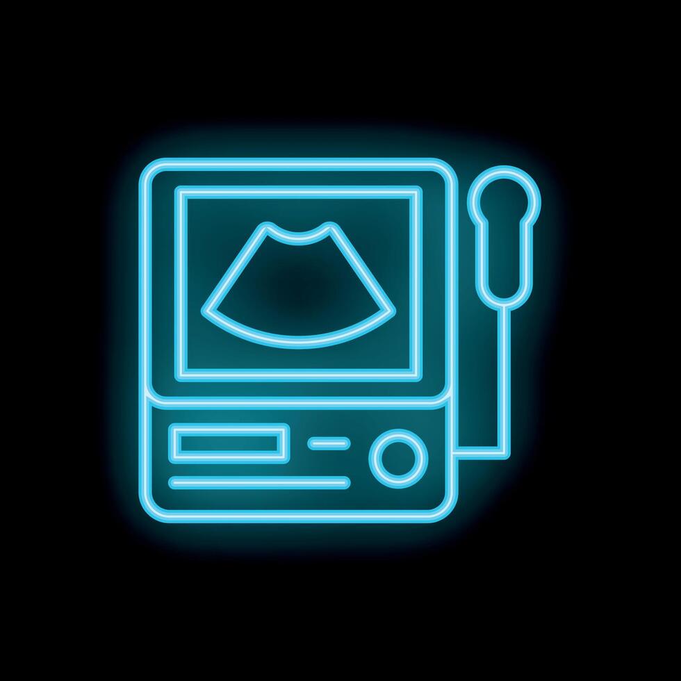 Neon ultrasound machine performing sonography scan on black background vector