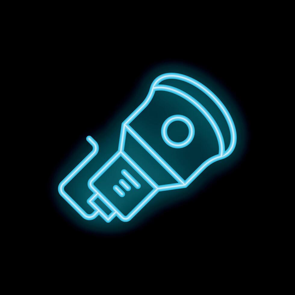 Blue neon sign icon of a camera flash glowing on black background vector
