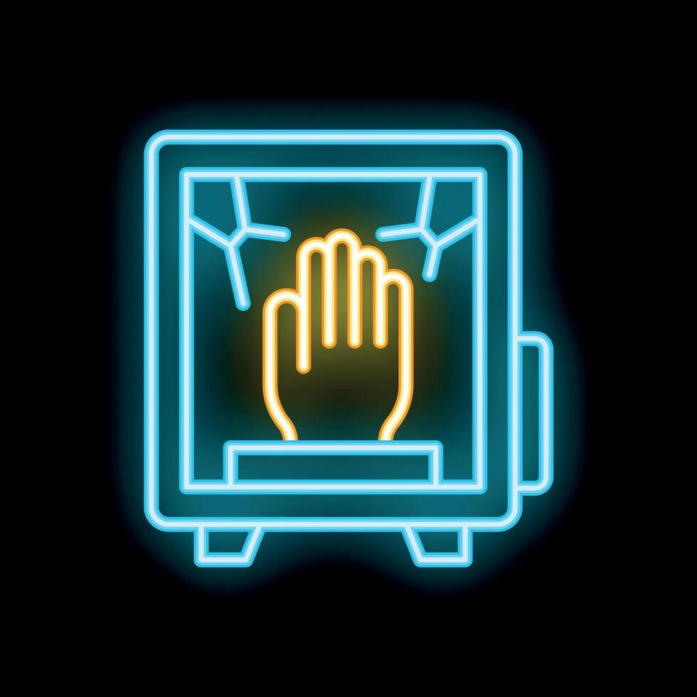 Neon sign depicting hand reaching through broken safe door vector